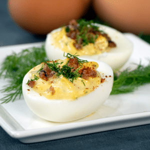 gluten free dairy free candied bacon and scallion deviled eggs square