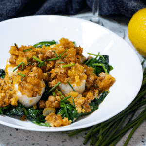 gluten free dairy free spanish scallops with white wine and spinach square