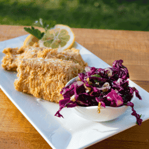 gluten free dairy free crimson coleslaw and fried fish square