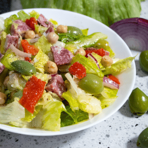 gluten free dairy free salami garbonzo bean chopped salad square